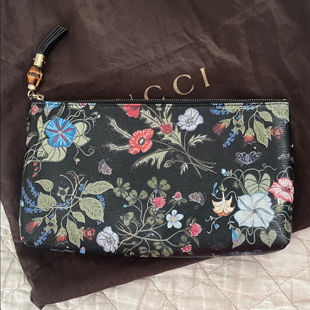 Gucci Black Leather Floral Multicolor Botanical Print Clutch - Picture 11 of 13